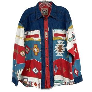 Vintage Mens Aztec Print Denim Shirt L Button Up‎ Cowboy Southwestern Festival